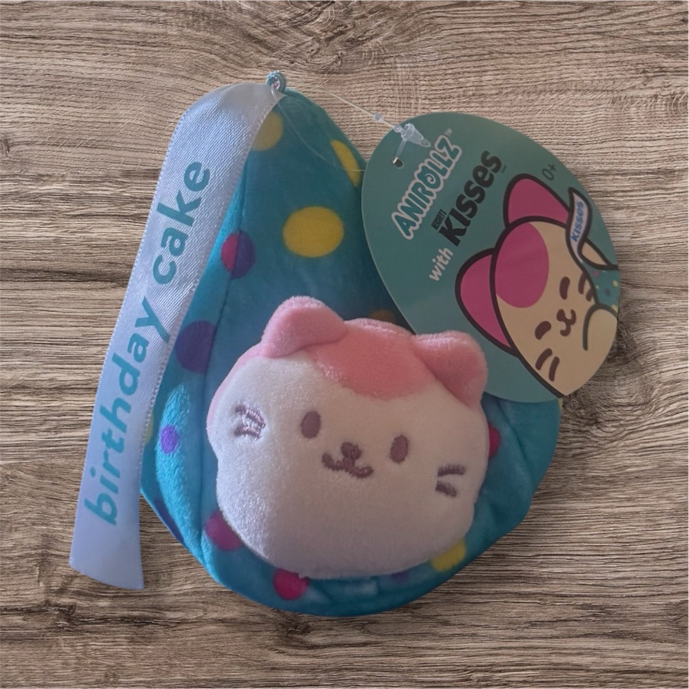 Blue Polka Birthday Cake Kisses Dot Plush with Pink Cat Face